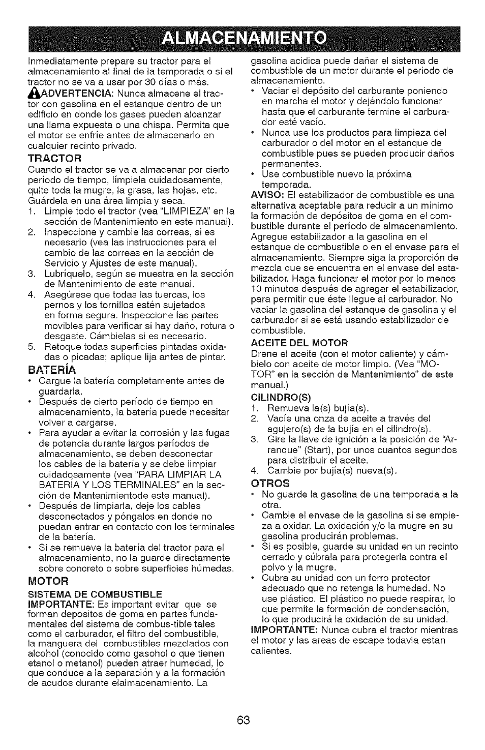 Almacenamiento, Tractor, Batería | Motor, Otros | Craftsman YS 4500 917.28990 User Manual | Page 63 / 68