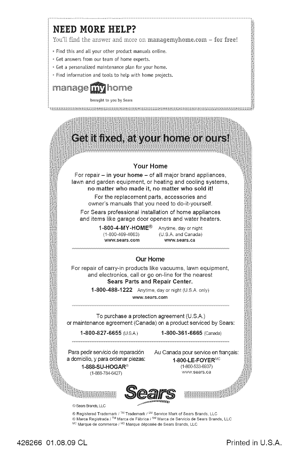 Your home, Our home, Neid more help | Get it fixed, at your home or ours, Manage home | Craftsman YS 4500 917.28990 User Manual | Page 68 / 68