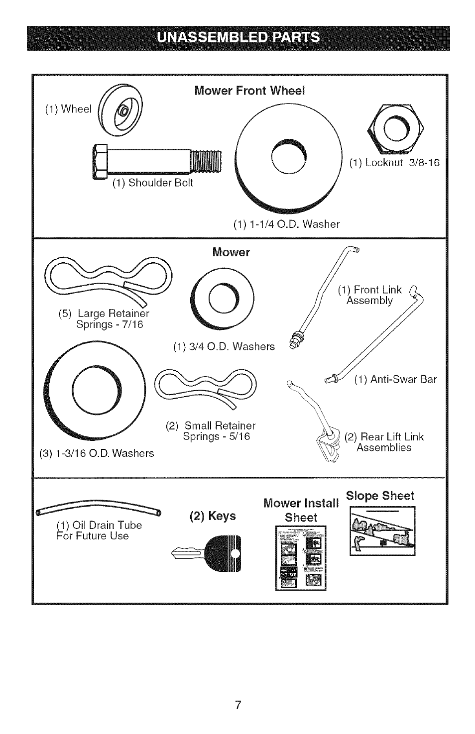 Unassembled parts, 2) keys, Mower install sheet | Craftsman YS 4500 917.28990 User Manual | Page 7 / 68