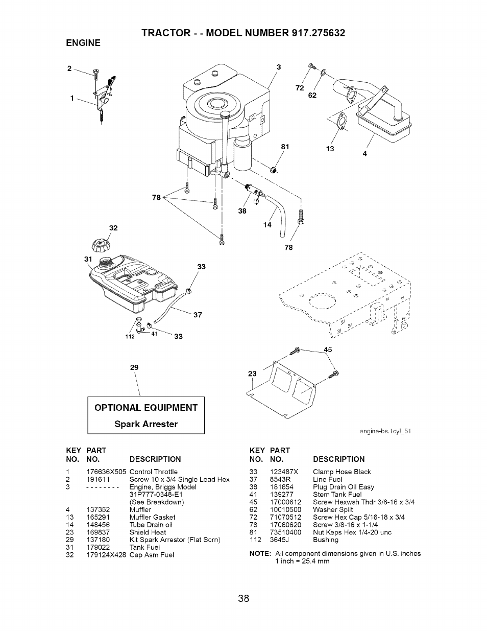 Engine, Optional equipment, Optional equipment spark arrester | Craftsman 917.275632 User Manual | Page 38 / 52