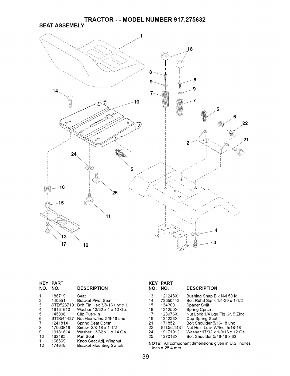 Seat assembly | Craftsman 917.275632 User Manual | Page 39 / 52