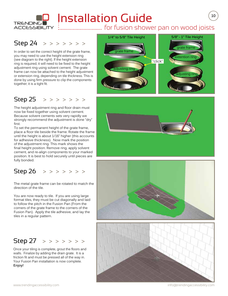 Installation guide, For fusion shower pan on wood joists, Step 27 | Step 24, Step 26, Step 25 | Trending Accessibility Fusion shower pan on wood joists User Manual | Page 10 / 10