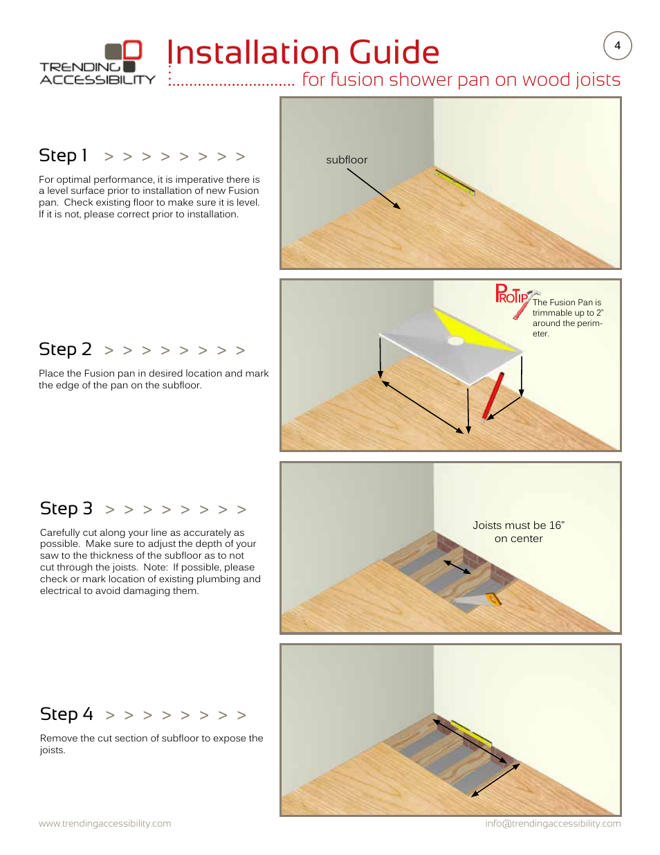 Installation guide, For fusion shower pan on wood joists, Step 1 | Step 2, Step 3, Step 4 | Trending Accessibility Fusion shower pan on wood joists User Manual | Page 4 / 10