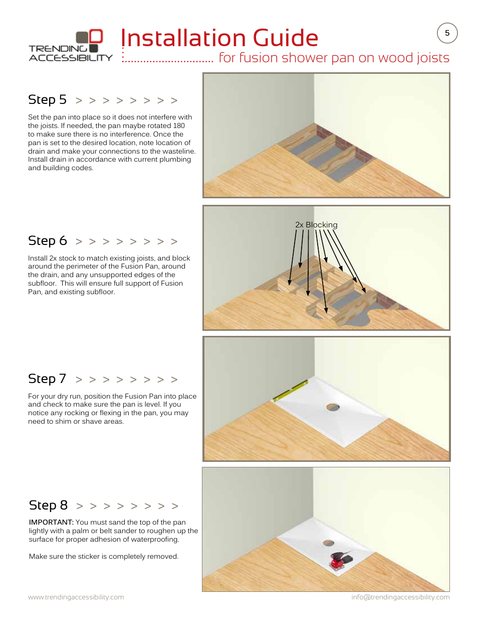 Installation guide, For fusion shower pan on wood joists, Step 5 | Step 6, Step 7, Step 8 | Trending Accessibility Fusion shower pan on wood joists User Manual | Page 5 / 10