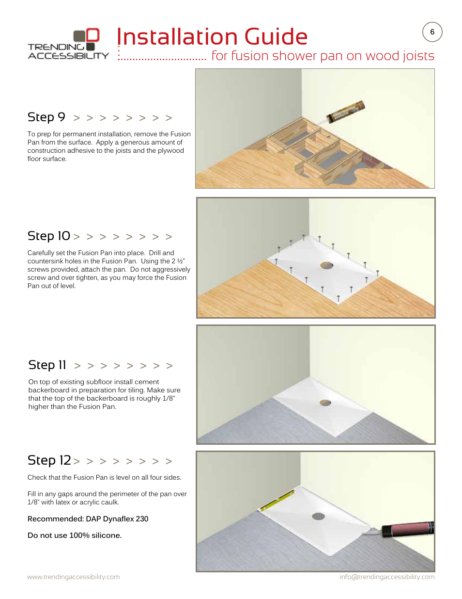 Installation guide, For fusion shower pan on wood joists, Step 12 | Step 9, Step 10, Step 11 | Trending Accessibility Fusion shower pan on wood joists User Manual | Page 6 / 10