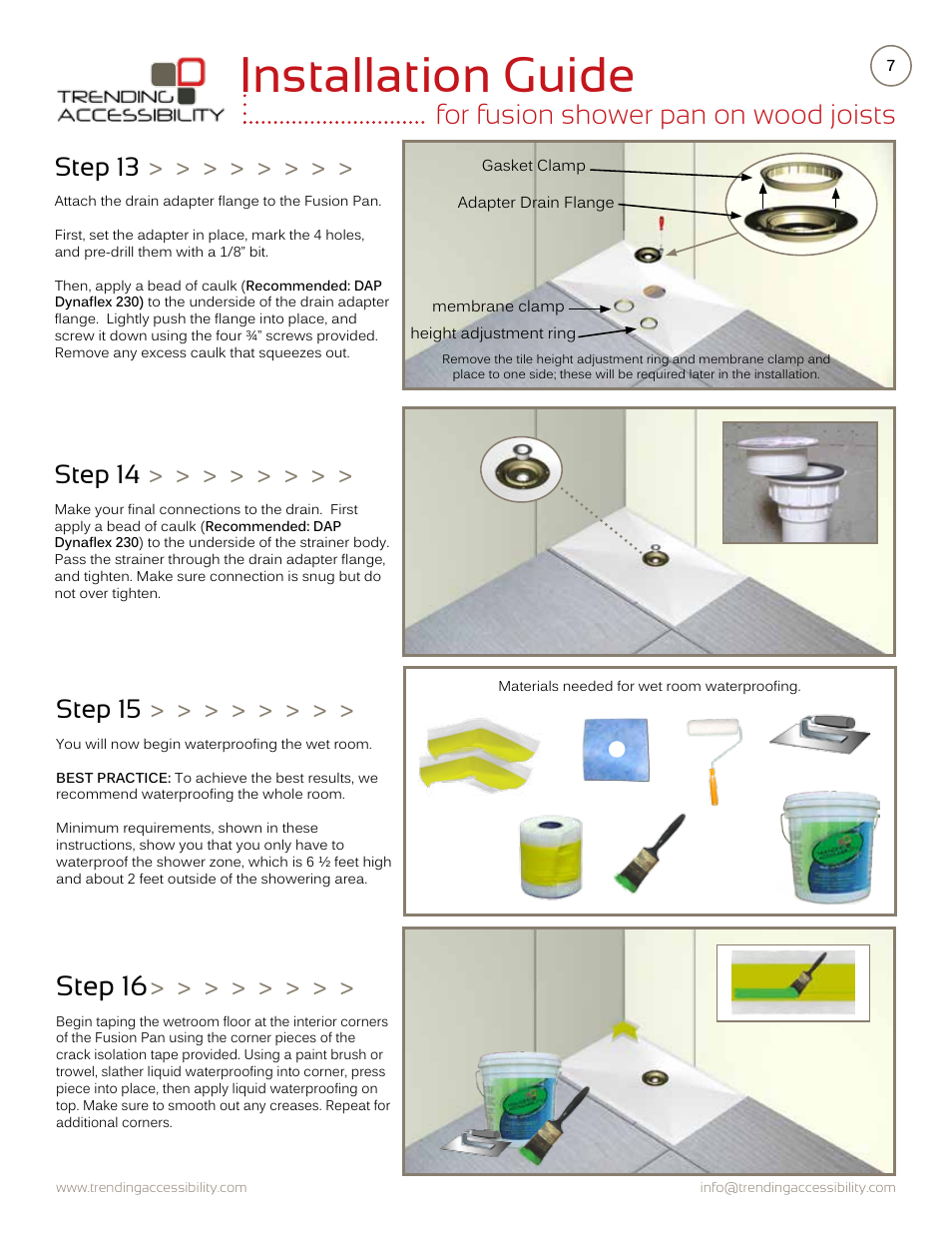 Installation guide, For fusion shower pan on wood joists, Step 16 | Step 13, Step 14, Step 15 | Trending Accessibility Fusion shower pan on wood joists User Manual | Page 7 / 10