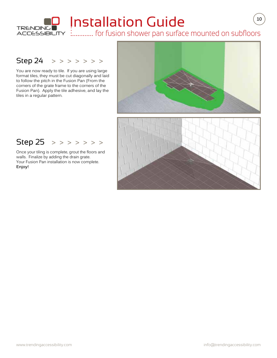 Installation guide, Step 24 | Trending Accessibility Fusion shower pan surface mounted on subfloor User Manual | Page 10 / 10