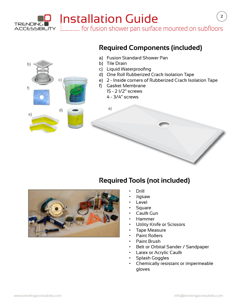 Installation guide | Trending Accessibility Fusion shower pan surface mounted on subfloor User Manual | Page 2 / 10