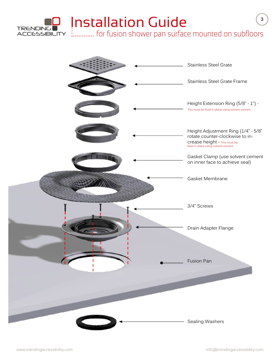 Installation guide, For fusion shower pan surface mounted on subfloors | Trending Accessibility Fusion shower pan surface mounted on subfloor User Manual | Page 3 / 10