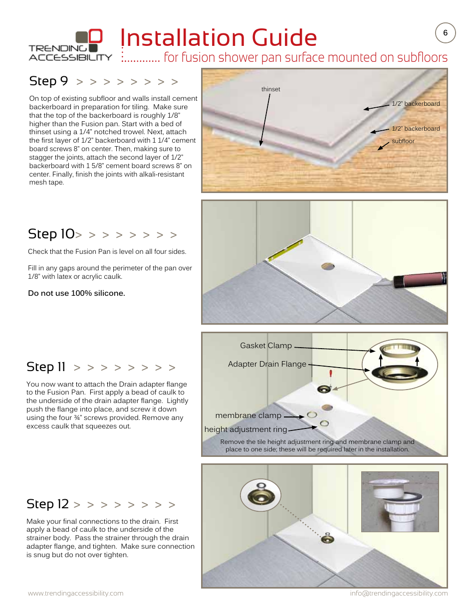 Installation guide, For fusion shower pan surface mounted on subfloors, Step 10 | Step 11, Step 12, Step 9 | Trending Accessibility Fusion shower pan surface mounted on subfloor User Manual | Page 6 / 10