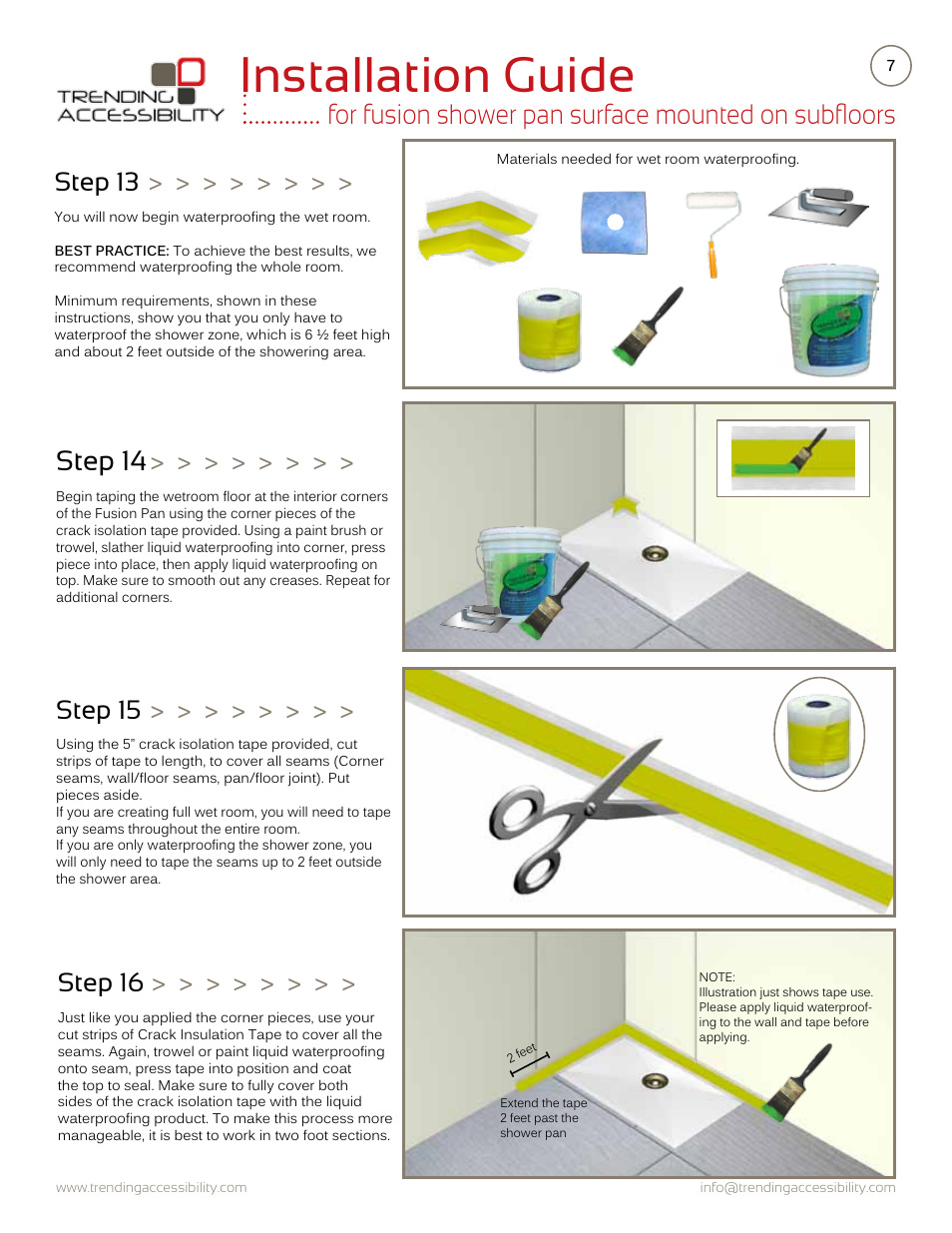 Installation guide, Step 16, Step 15 | Step 13 | Trending Accessibility Fusion shower pan surface mounted on subfloor User Manual | Page 7 / 10