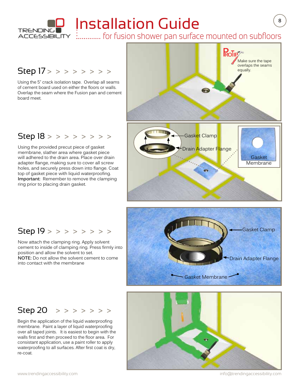 Installation guide, For fusion shower pan surface mounted on subfloors, Step 17 | Step 19, Step 20, Step 18 | Trending Accessibility Fusion shower pan surface mounted on subfloor User Manual | Page 8 / 10