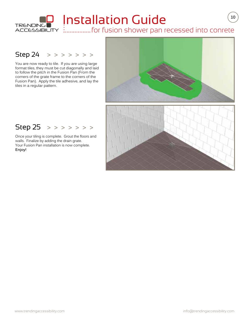 Installation guide, For fusion shower pan recessed into conrete, Step 25 | Step 24 | Trending Accessibility Fusion shower pan recessed into concrete User Manual | Page 10 / 10