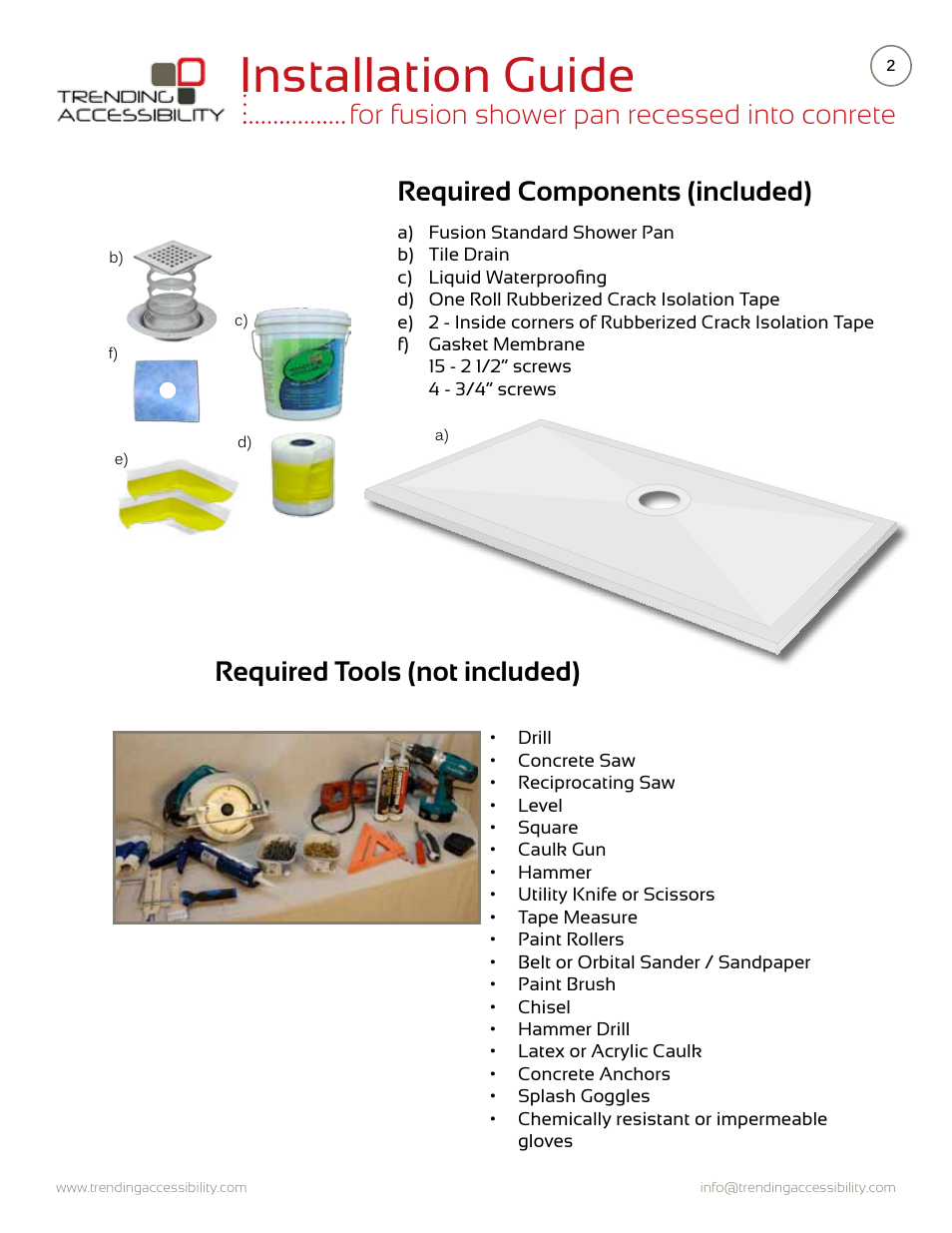 Installation guide, Required components (included) | Trending Accessibility Fusion shower pan recessed into concrete User Manual | Page 2 / 10