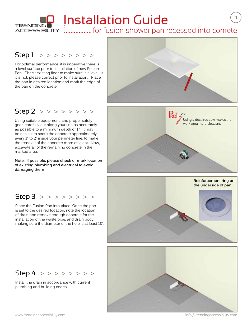 Installation guide, For fusion shower pan recessed into conrete, Step 1 | Step 2, Step 3, Step 4 | Trending Accessibility Fusion shower pan recessed into concrete User Manual | Page 4 / 10