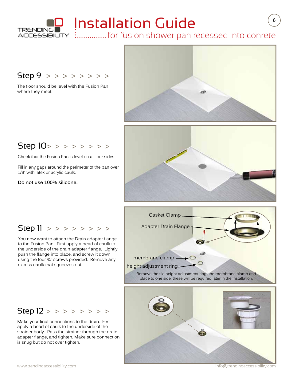 Installation guide, Step 12, Step 11 | Step 9 | Trending Accessibility Fusion shower pan recessed into concrete User Manual | Page 6 / 10