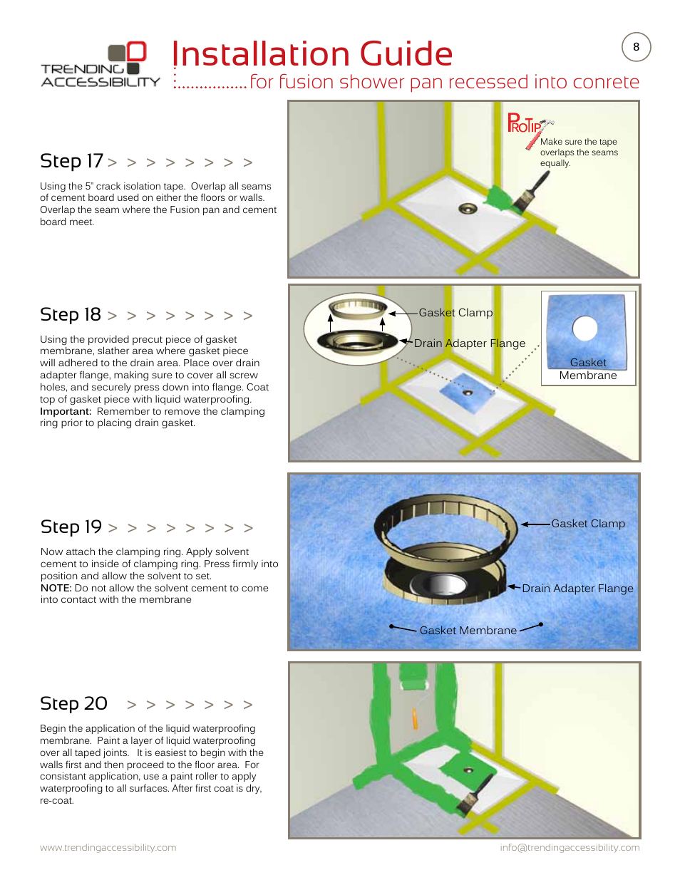 Installation guide, Step 20, Step 19 | Step 18 | Trending Accessibility Fusion shower pan recessed into concrete User Manual | Page 8 / 10