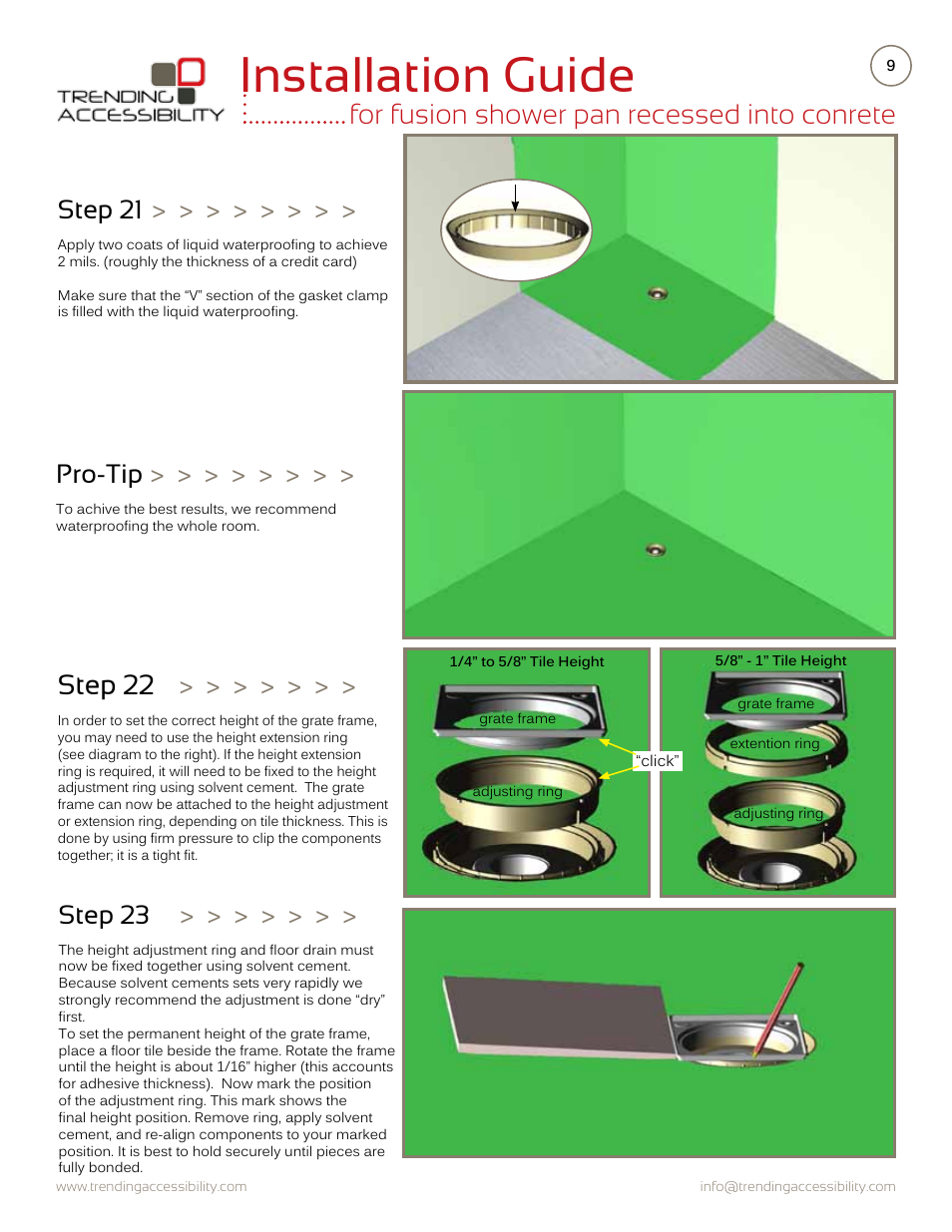 Installation guide, Pro-tip, Step 21 | Step 23 | Trending Accessibility Fusion shower pan recessed into concrete User Manual | Page 9 / 10