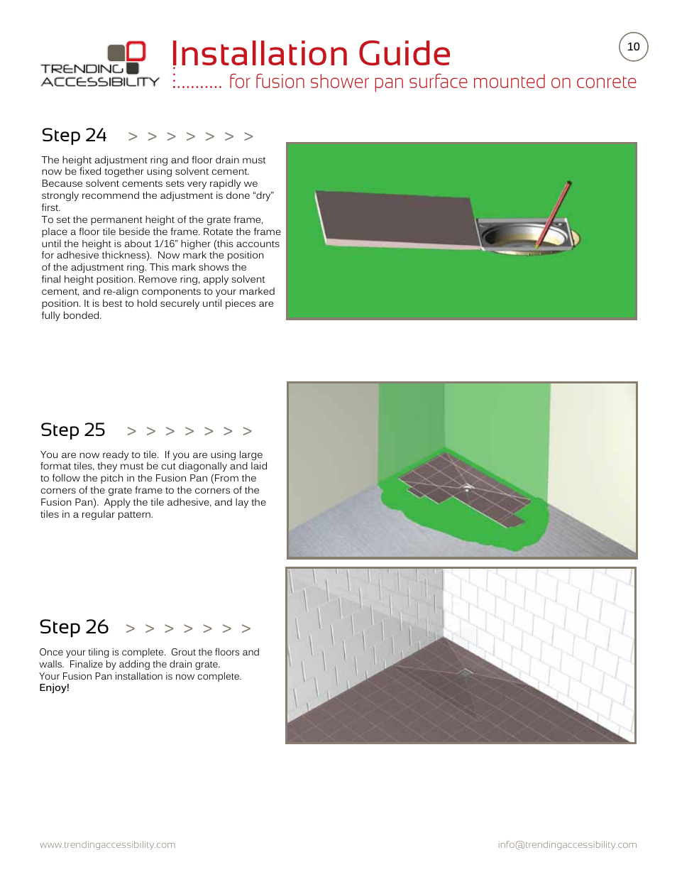 Installation guide, For fusion shower pan surface mounted on conrete, Step 26 | Step 25, Step 24 | Trending Accessibility Fusion shower pan surface mounted on concrete User Manual | Page 10 / 10