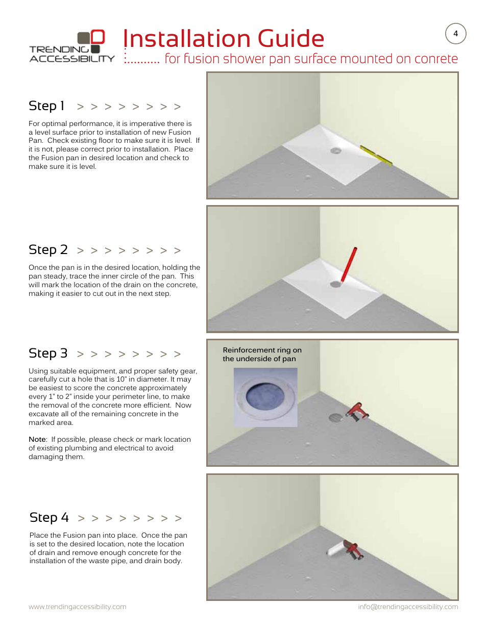 Installation guide, For fusion shower pan surface mounted on conrete, Step 1 | Step 2, Step 3, Step 4 | Trending Accessibility Fusion shower pan surface mounted on concrete User Manual | Page 4 / 10