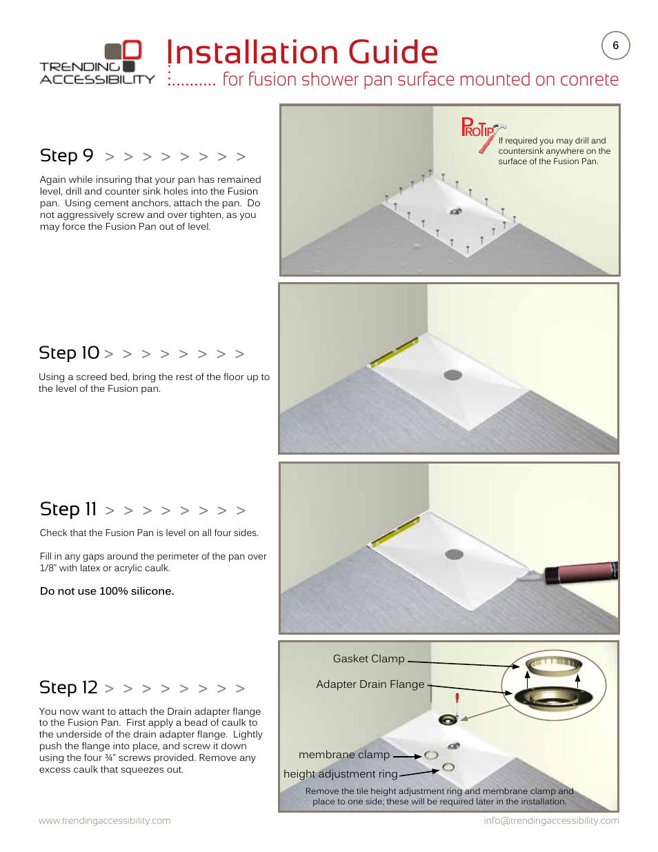 Installation guide, For fusion shower pan surface mounted on conrete, Step 11 | Step 9, Step 12, Step 10 | Trending Accessibility Fusion shower pan surface mounted on concrete User Manual | Page 6 / 10