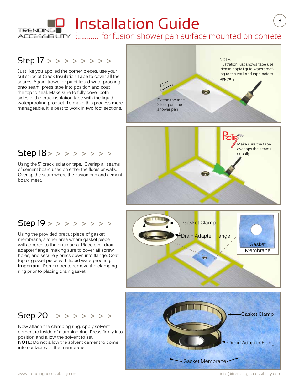 Installation guide, Step 20, Step 19 | Step 17 | Trending Accessibility Fusion shower pan surface mounted on concrete User Manual | Page 8 / 10