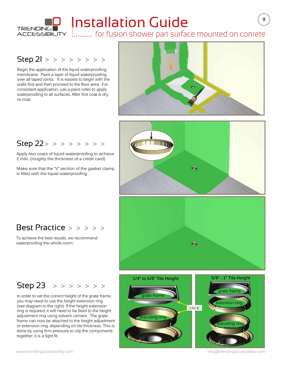 Installation guide, For fusion shower pan surface mounted on conrete, Step 23 | Best practice, Step 22, Step 21 | Trending Accessibility Fusion shower pan surface mounted on concrete User Manual | Page 9 / 10