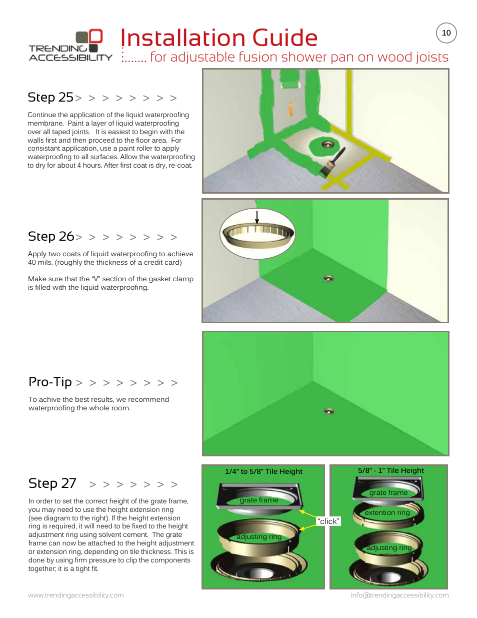 Installation guide, For adjustable fusion shower pan on wood joists, Step 27 | Step 26, Step 25, Pro-tip | Trending Accessibility Adjustable fusion shower pan on wood joists User Manual | Page 10 / 12