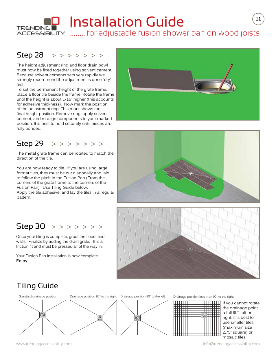 Installation guide, For adjustable fusion shower pan on wood joists, Step 30 | Step 29, Tiling guide, Step 28 | Trending Accessibility Adjustable fusion shower pan on wood joists User Manual | Page 11 / 12