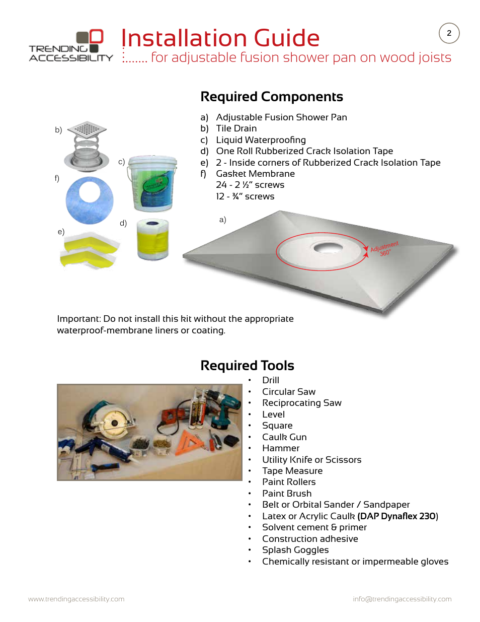 Installation guide | Trending Accessibility Adjustable fusion shower pan on wood joists User Manual | Page 2 / 12