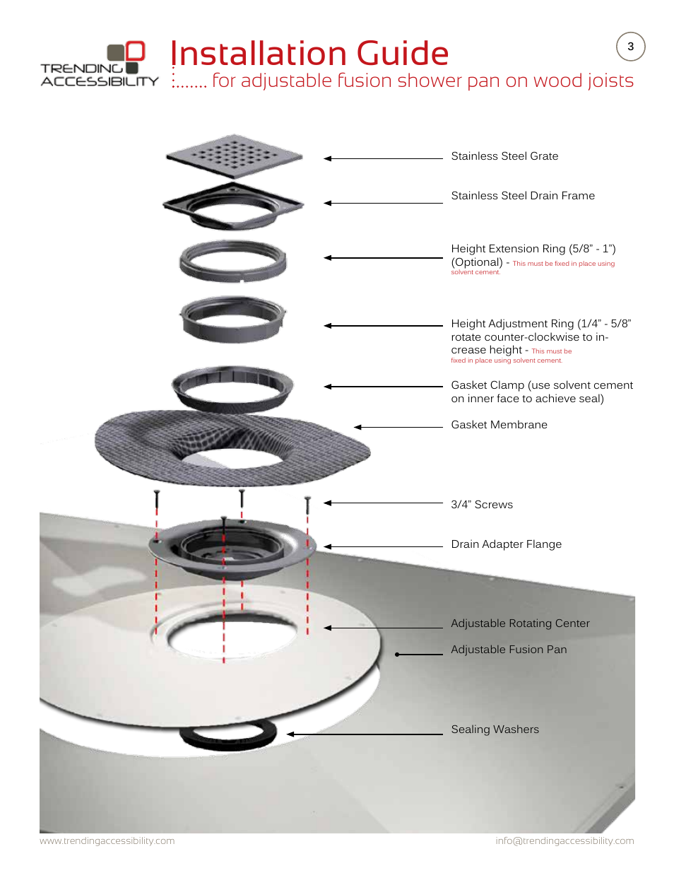 Installation guide, For adjustable fusion shower pan on wood joists | Trending Accessibility Adjustable fusion shower pan on wood joists User Manual | Page 3 / 12