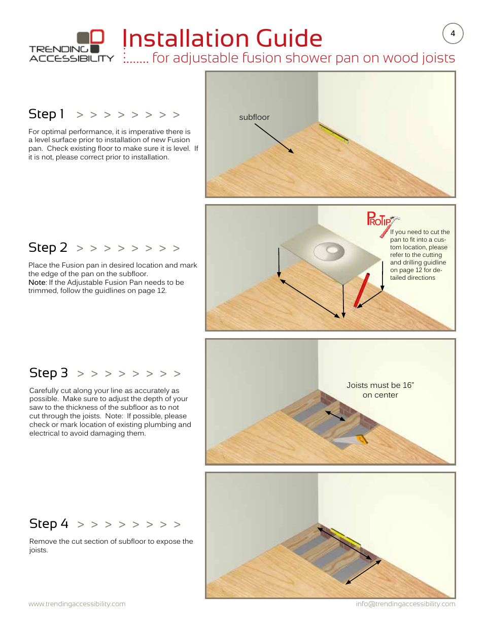 Installation guide, For adjustable fusion shower pan on wood joists, Step 1 | Step 2, Step 3, Step 4 | Trending Accessibility Adjustable fusion shower pan on wood joists User Manual | Page 4 / 12