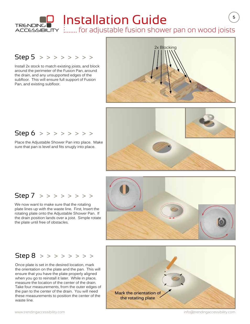 Installation guide, For adjustable fusion shower pan on wood joists, Step 5 | Step 6, Step 7, Step 8 | Trending Accessibility Adjustable fusion shower pan on wood joists User Manual | Page 5 / 12