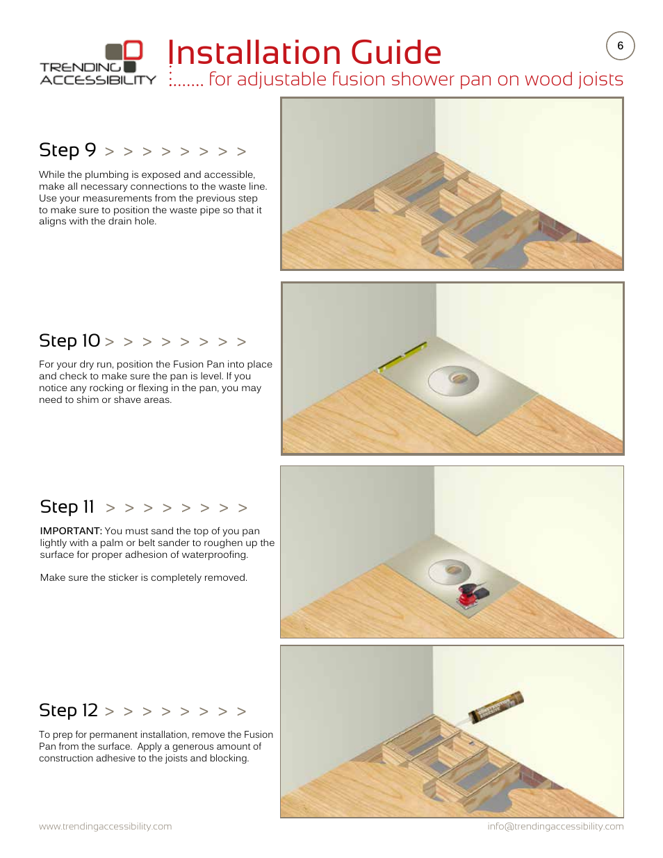 Installation guide, For adjustable fusion shower pan on wood joists, Step 9 | Step 10, Step 11, Step 12 | Trending Accessibility Adjustable fusion shower pan on wood joists User Manual | Page 6 / 12