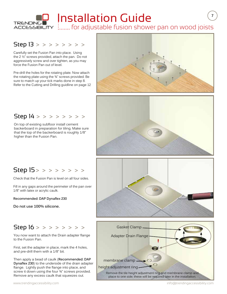 Installation guide, For adjustable fusion shower pan on wood joists, Step 15 | Step 13, Step 14, Step 16 | Trending Accessibility Adjustable fusion shower pan on wood joists User Manual | Page 7 / 12