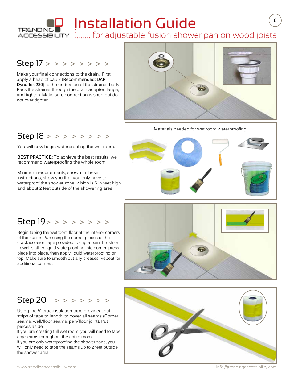 Installation guide, For adjustable fusion shower pan on wood joists, Step 19 | Step 17, Step 18, Step 20 | Trending Accessibility Adjustable fusion shower pan on wood joists User Manual | Page 8 / 12