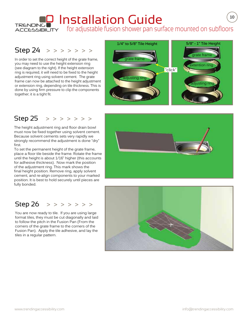 Installation guide, Step 26, Step 25 | Trending Accessibility Adjustable fusion shower pan surface mounted on subfloor User Manual | Page 10 / 12