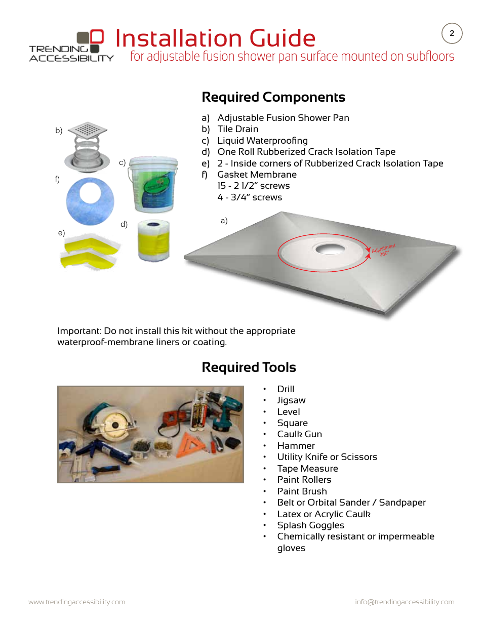 Installation guide | Trending Accessibility Adjustable fusion shower pan surface mounted on subfloor User Manual | Page 2 / 12