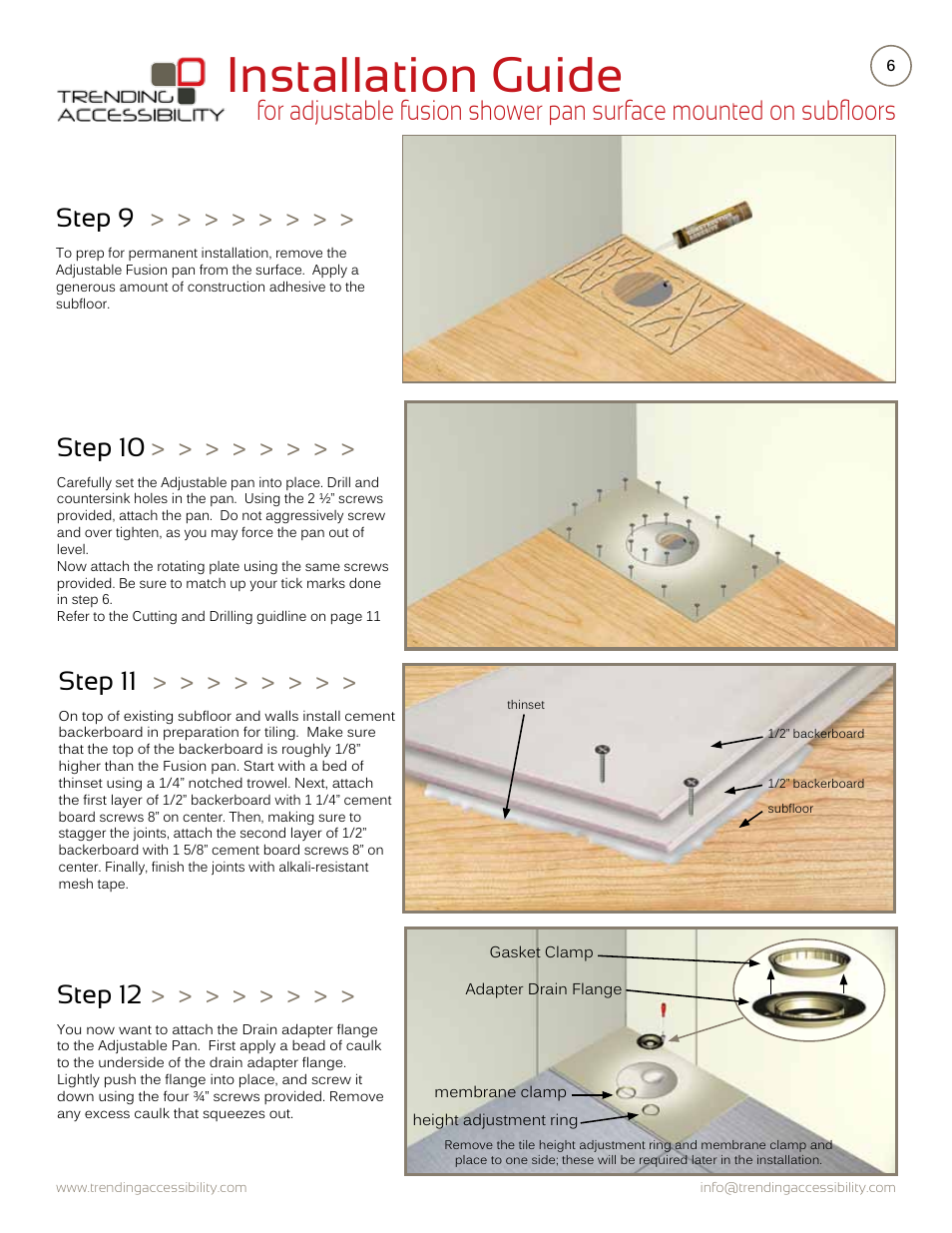 Installation guide, Step 9, Step 10 | Step 11, Step 12 | Trending Accessibility Adjustable fusion shower pan surface mounted on subfloor User Manual | Page 6 / 12