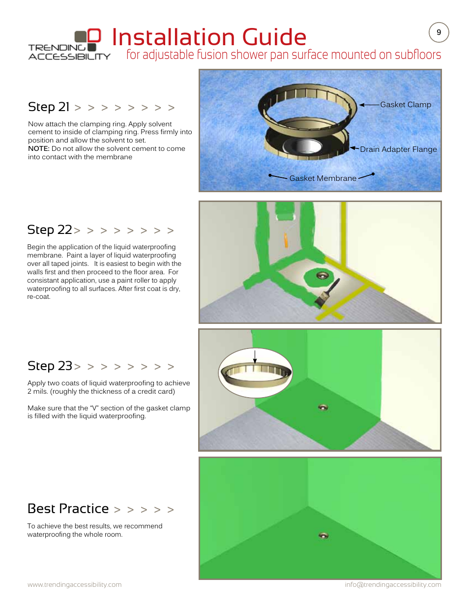 Installation guide, Best practice, Step 23 | Step 22, Step 21 | Trending Accessibility Adjustable fusion shower pan surface mounted on subfloor User Manual | Page 9 / 12