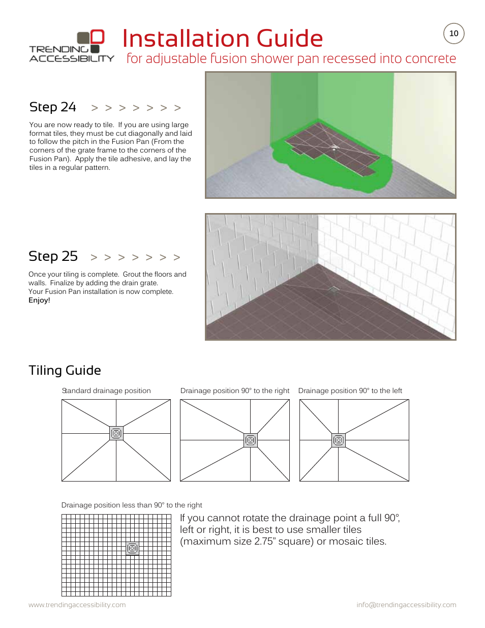 Installation guide, Step 25, Tiling guide | Step 24 | Trending Accessibility Adjustable fusion shower pan recessed into concrete User Manual | Page 10 / 11