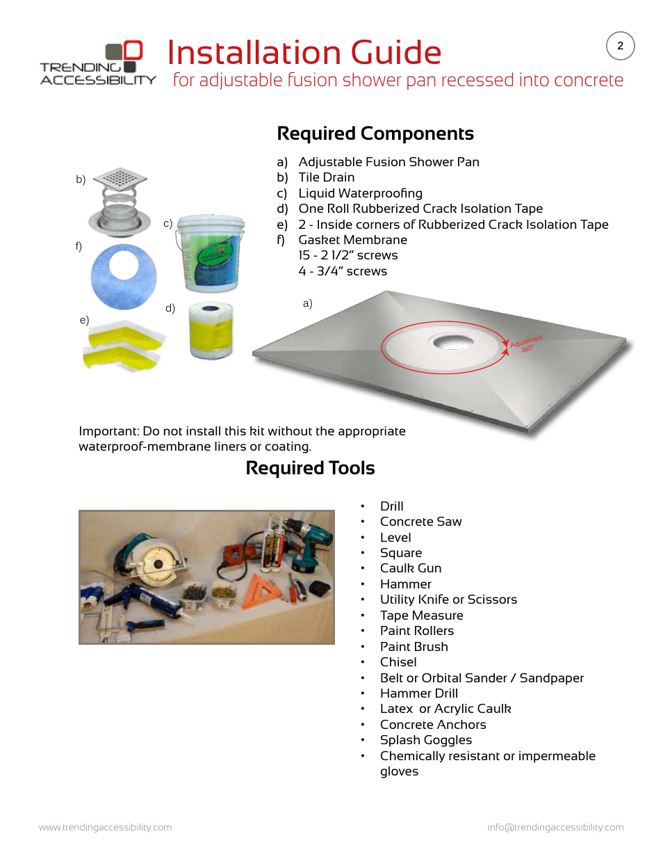 Installation guide, Required components | Trending Accessibility Adjustable fusion shower pan recessed into concrete User Manual | Page 2 / 11