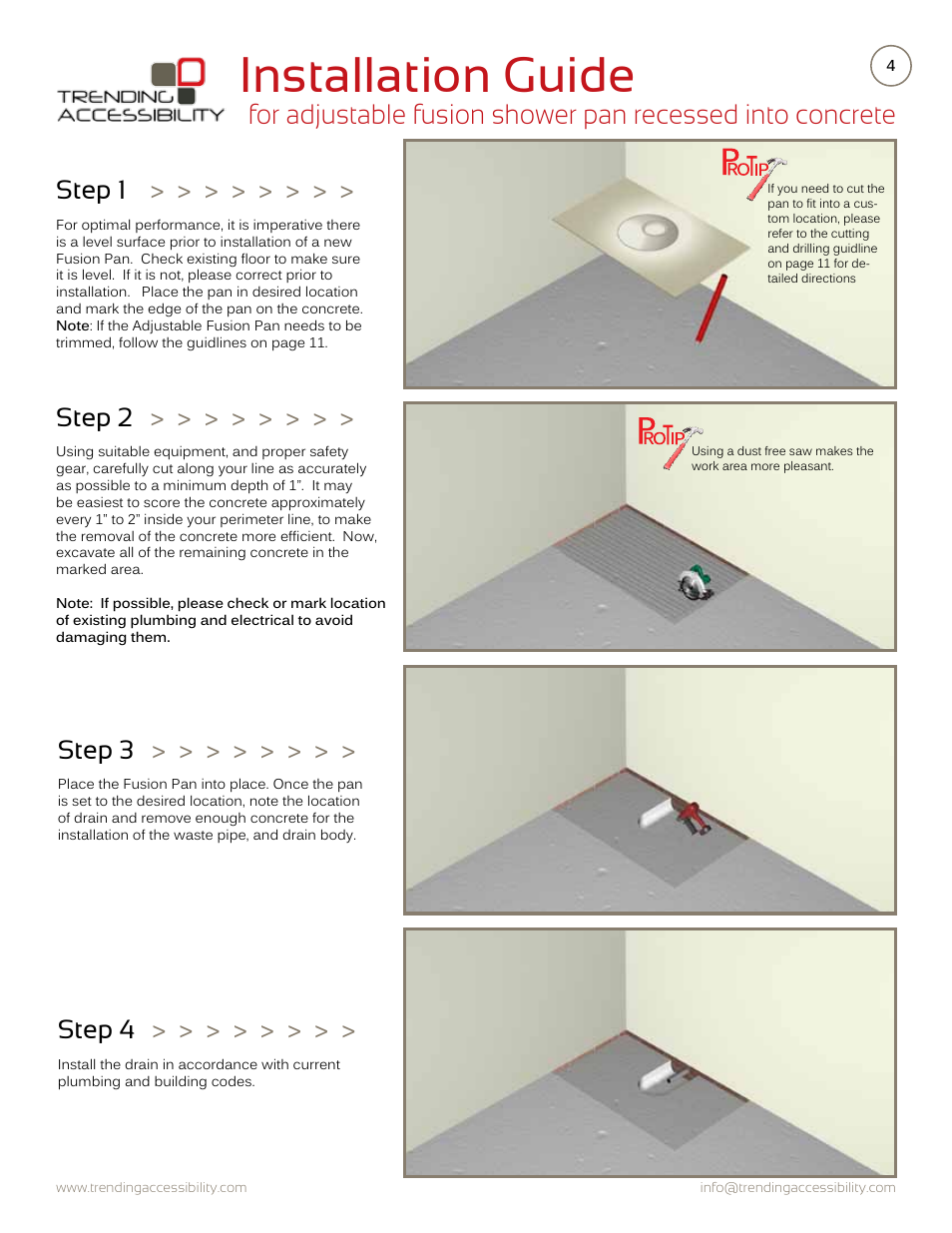 Installation guide, Step 1, Step 2 | Step 3, Step 4 | Trending Accessibility Adjustable fusion shower pan recessed into concrete User Manual | Page 4 / 11