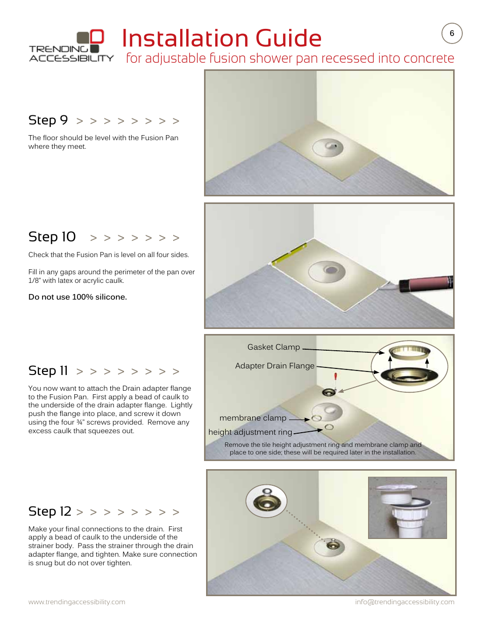 Installation guide, Step 10, Step 12 | Step 11, Step 9 | Trending Accessibility Adjustable fusion shower pan recessed into concrete User Manual | Page 6 / 11