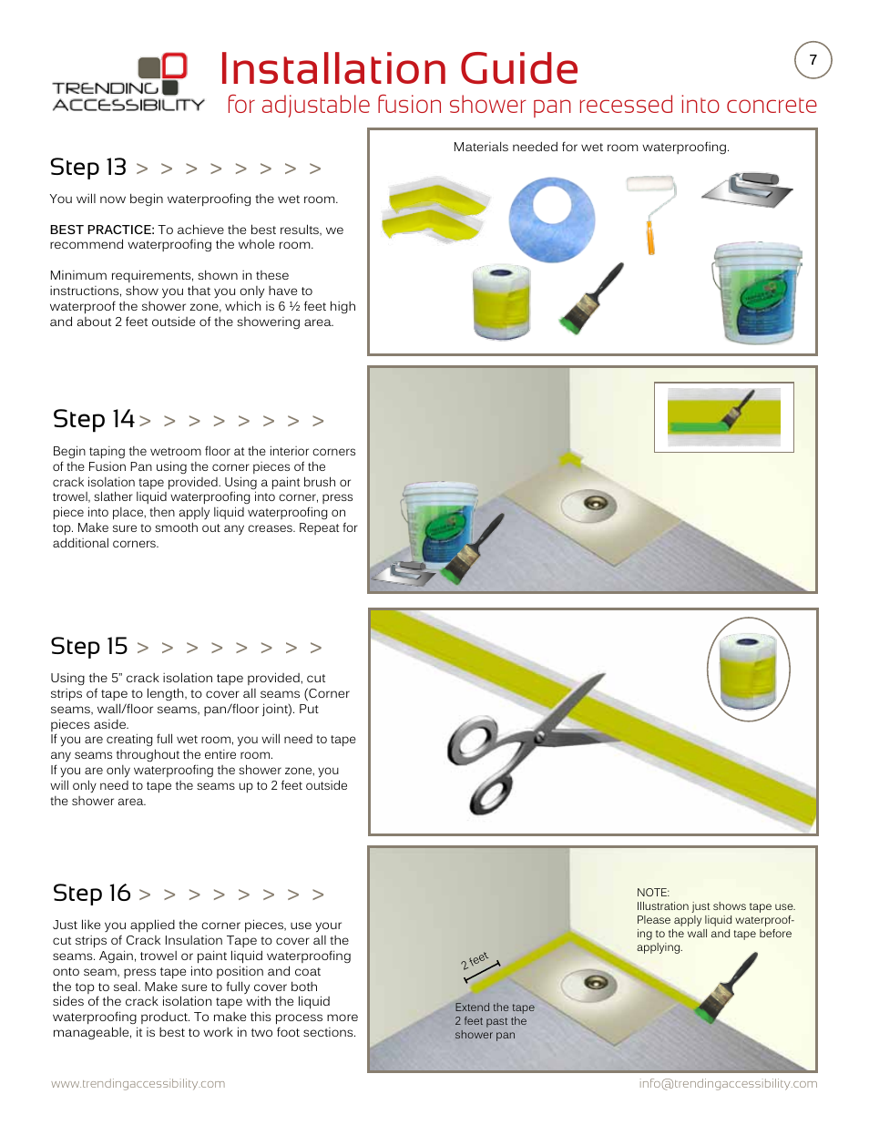 Installation guide, Step 14, Step 16 | Step 15, Step 13 | Trending Accessibility Adjustable fusion shower pan recessed into concrete User Manual | Page 7 / 11