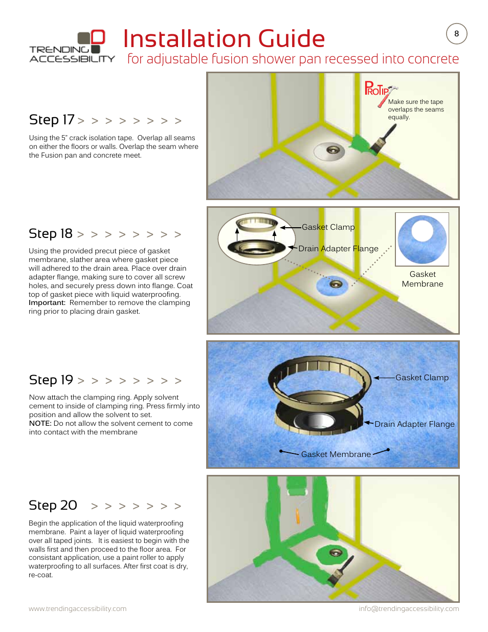 Installation guide, Step 17, Step 20 | Step 18, Step 19 | Trending Accessibility Adjustable fusion shower pan recessed into concrete User Manual | Page 8 / 11