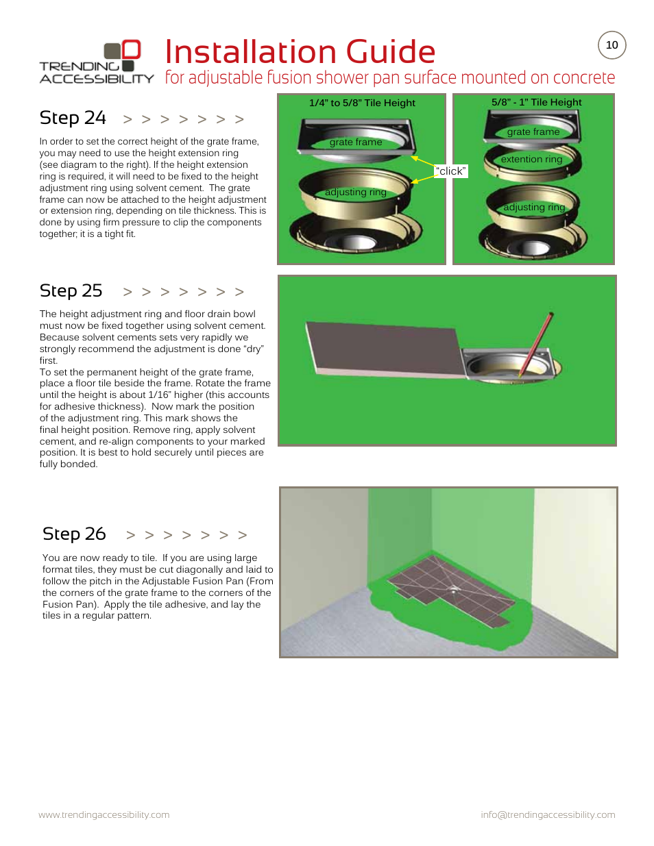 Installation guide, Step 24, Step 25 | Step 26 | Trending Accessibility Adjustable fusion shower pan surface mounted on concrete User Manual | Page 10 / 12