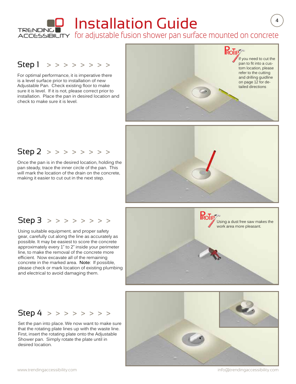 Installation guide, Step 1, Step 2 | Step 3, Step 4 | Trending Accessibility Adjustable fusion shower pan surface mounted on concrete User Manual | Page 4 / 12