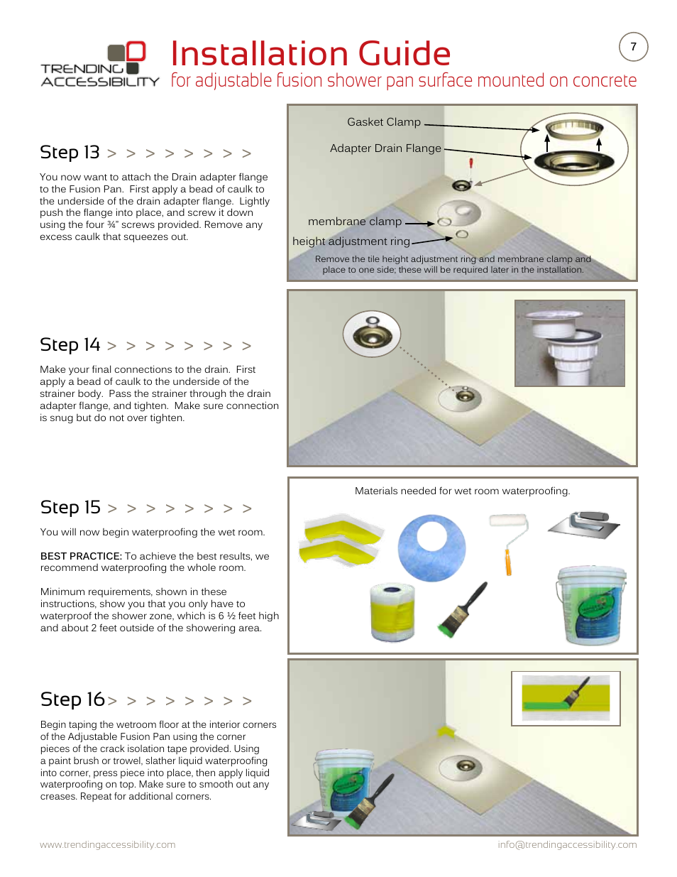 Installation guide, Step 16, Step 14 | Step 13, Step 15 | Trending Accessibility Adjustable fusion shower pan surface mounted on concrete User Manual | Page 7 / 12