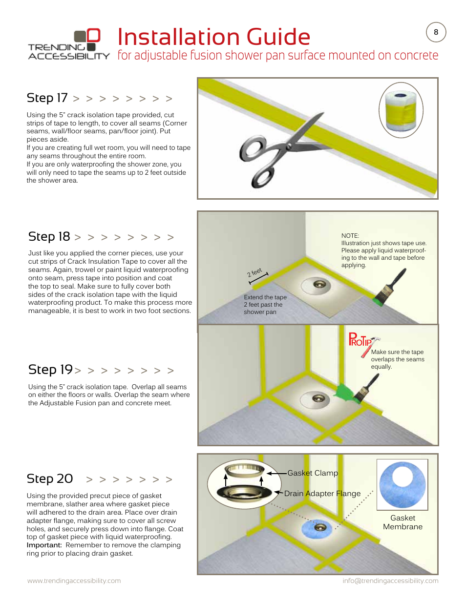 Installation guide, Step 19, Step 18 | Step 17, Step 20 | Trending Accessibility Adjustable fusion shower pan surface mounted on concrete User Manual | Page 8 / 12